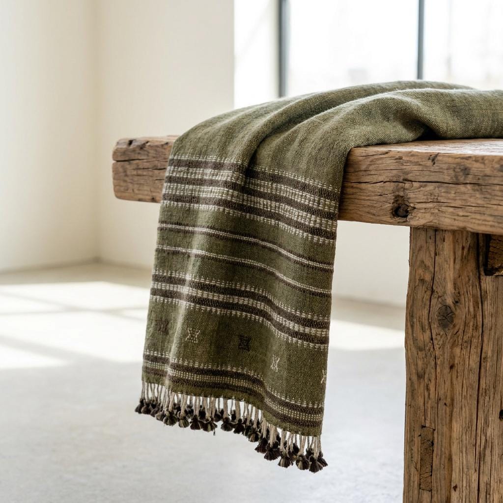 Garnet Handwoven Indian Wool Throw Blanket – Olive Green Stripe