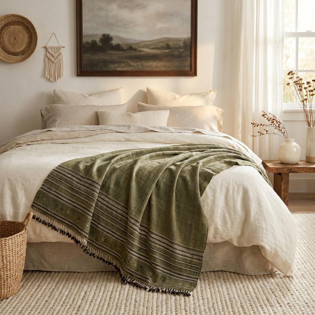 Garnet Handwoven Indian Wool Throw Blanket – Olive Green Stripe