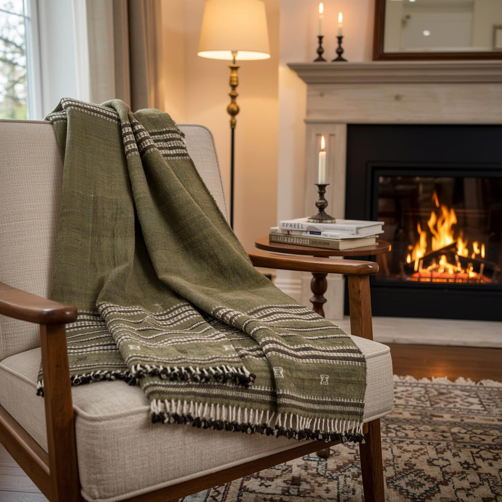 Garnet Handwoven Indian Wool Throw Blanket – Olive Green Stripe