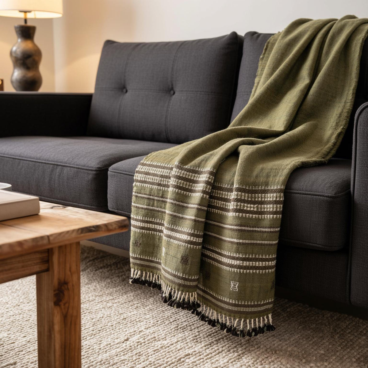 Garnet Handwoven Indian Wool Throw Blanket – Olive Green Stripe
