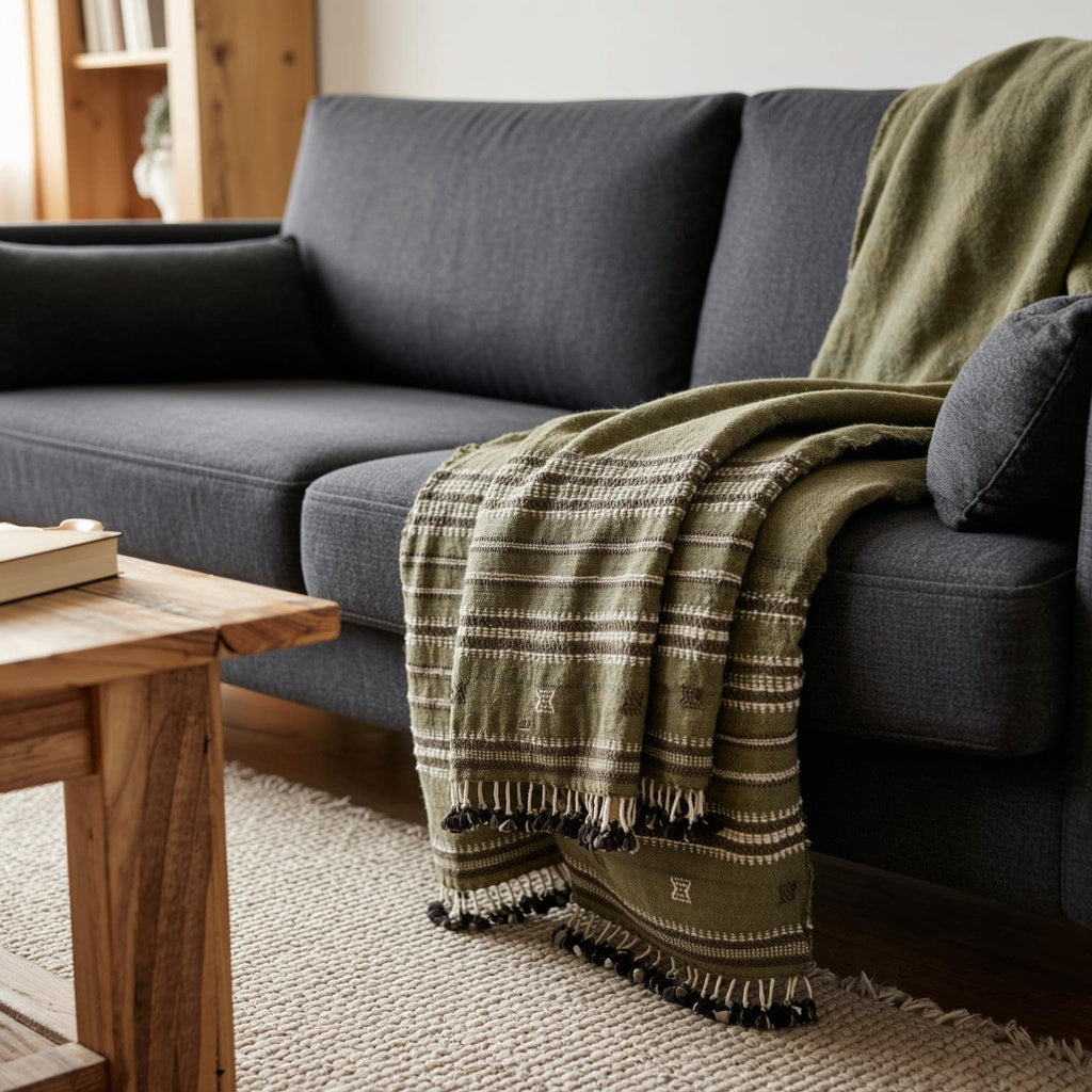 Garnet Handwoven Indian Wool Throw Blanket – Olive Green Stripe