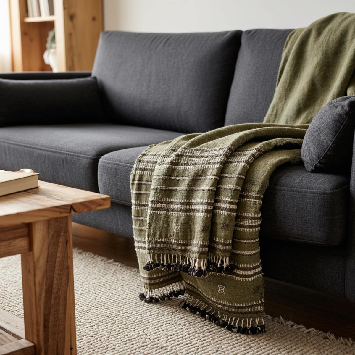 Garnet Handwoven Indian Wool Throw Blanket – Olive Green Stripe