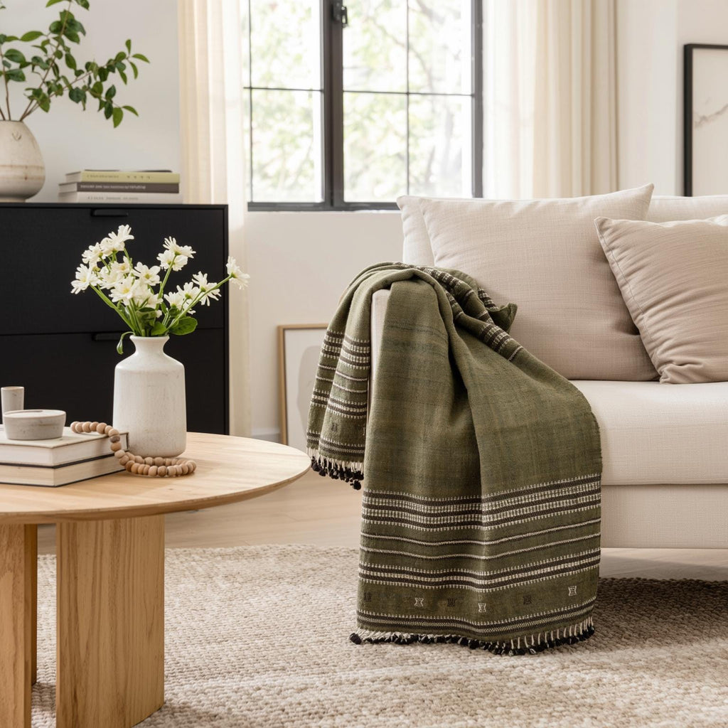 Garnet Handwoven Indian Wool Throw Blanket – Olive Green Stripe