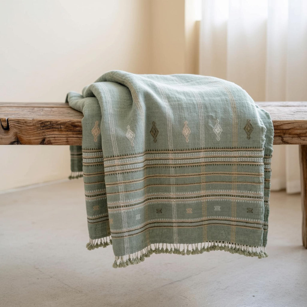 Jade Handwoven Indian Wool Throw Blanket, Sage Green