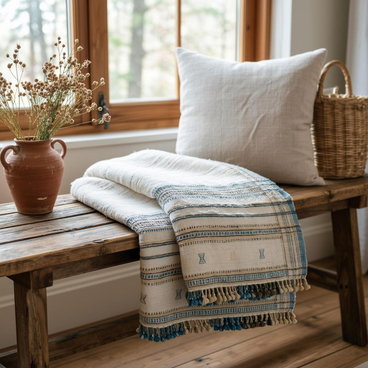 Dazy Handwoven Indian Wool Throw Blanket, Ivory