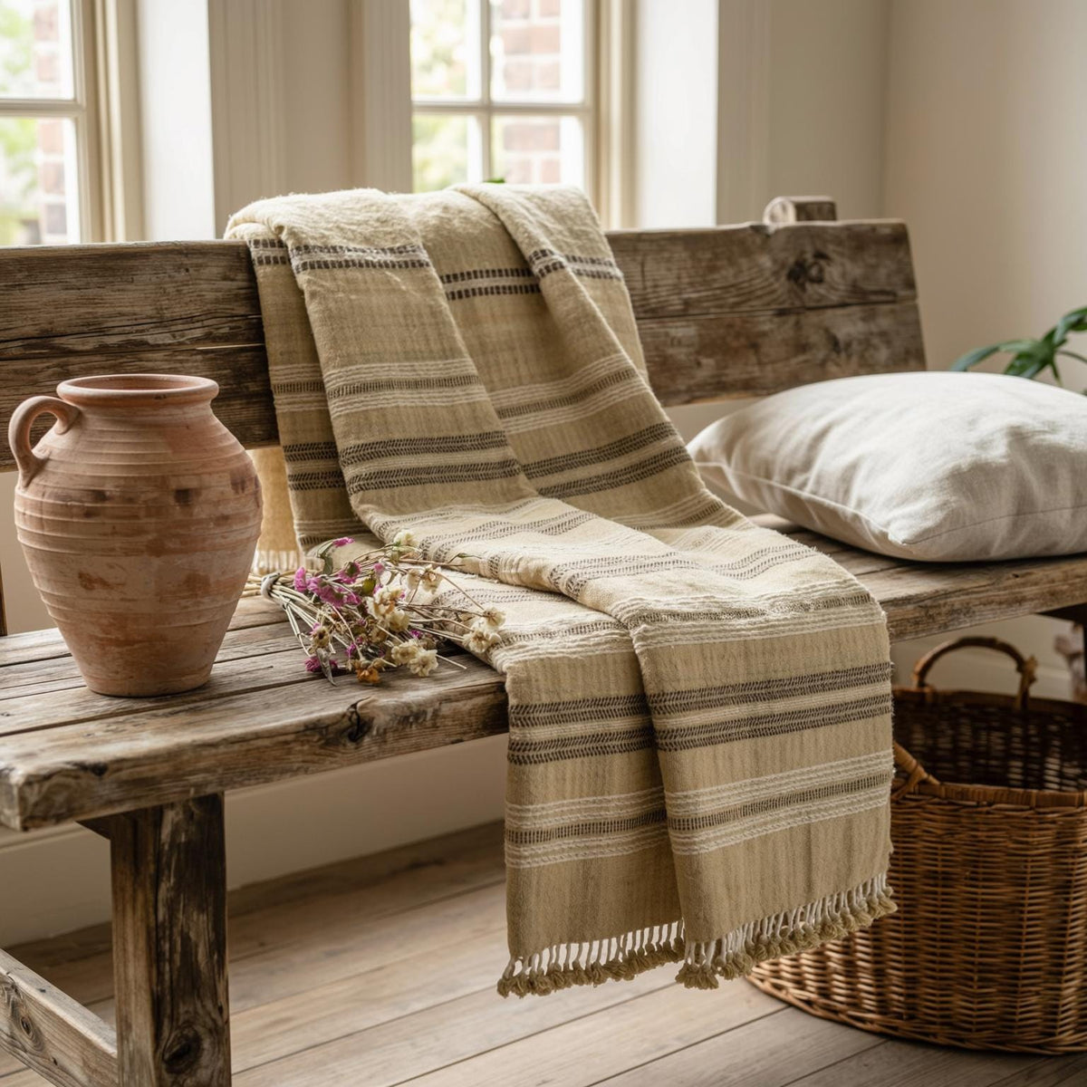 Opal Handwoven Indian Wool Throw Blanket, Beige Tan