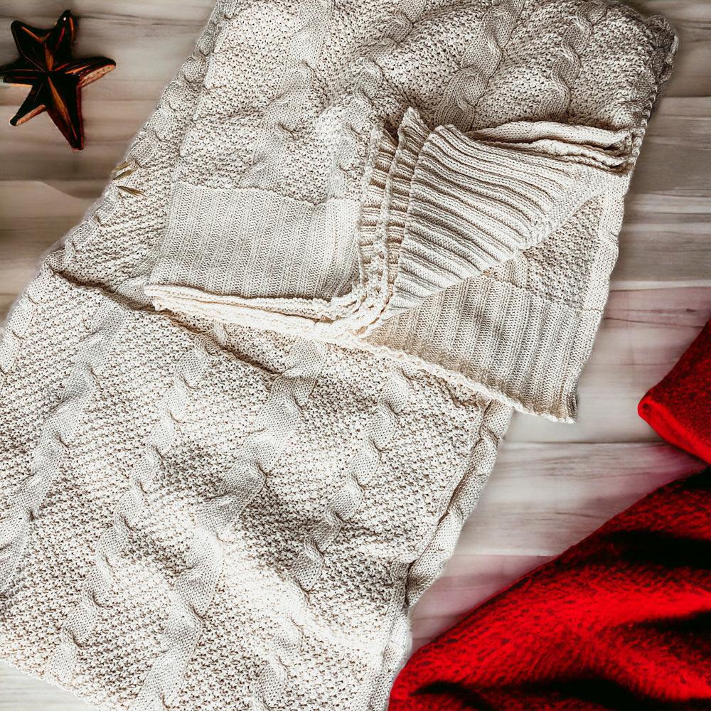 Cable Knit Sweater Throw Blanket – Soft Cotton Throw in Ivory, Navy & Red