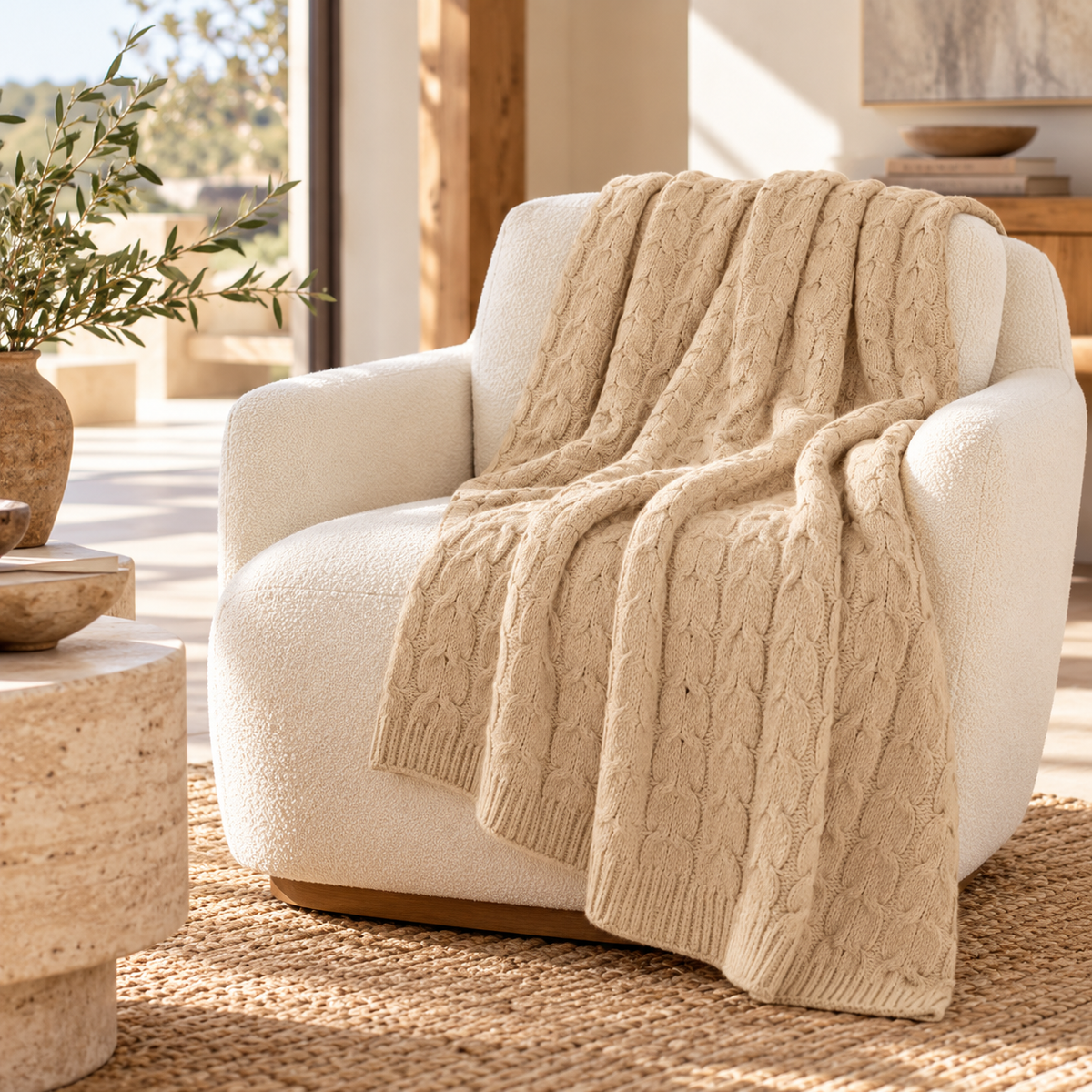 Baby Alpaca & Pima Cotton Cable Knit Throw Blanket, Light Tan