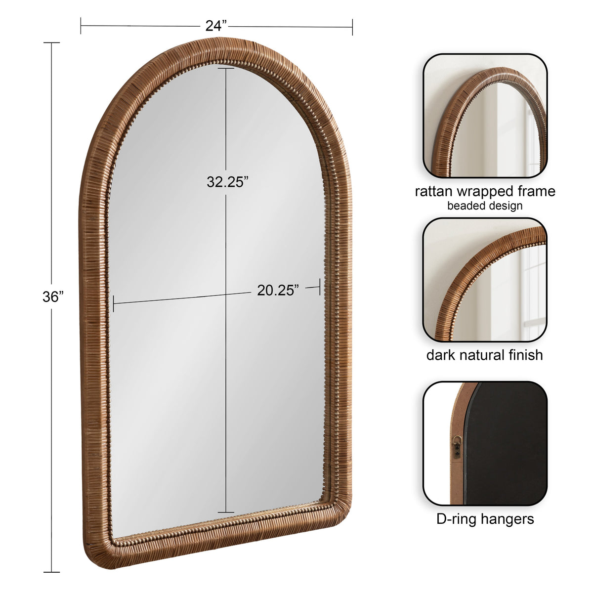 Rahfy Beaded Rattan Arch Wall Mirror – 24 x 36 in Boho Mirror