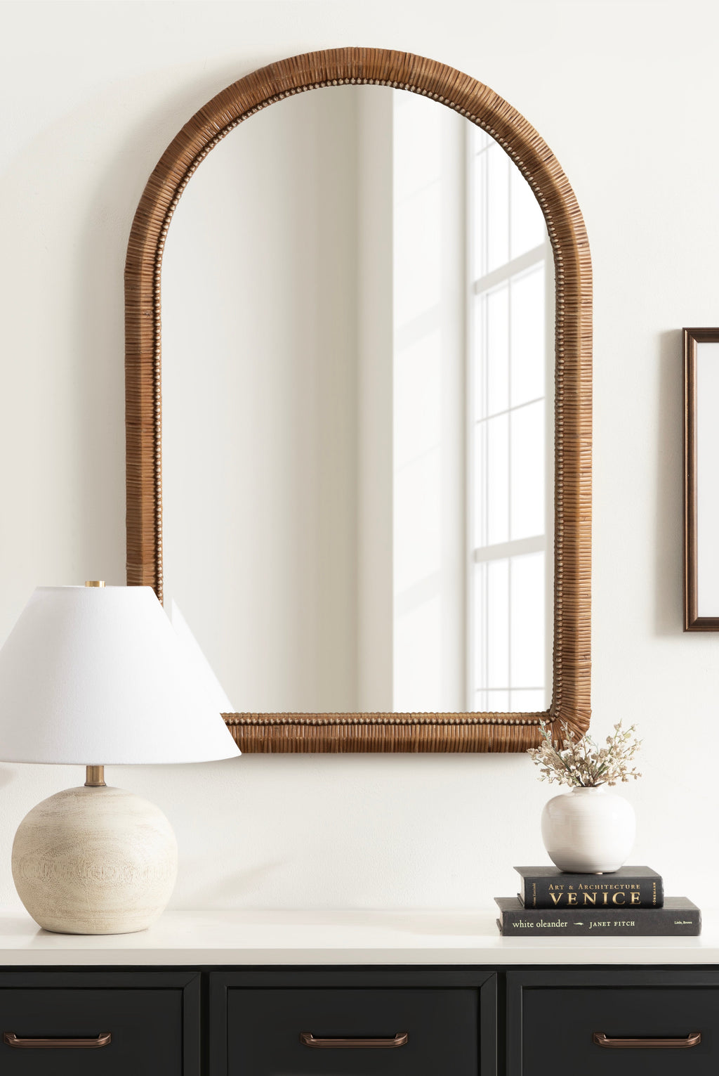 Rahfy Beaded Rattan Arch Wall Mirror – 24 x 36 in Boho Mirror